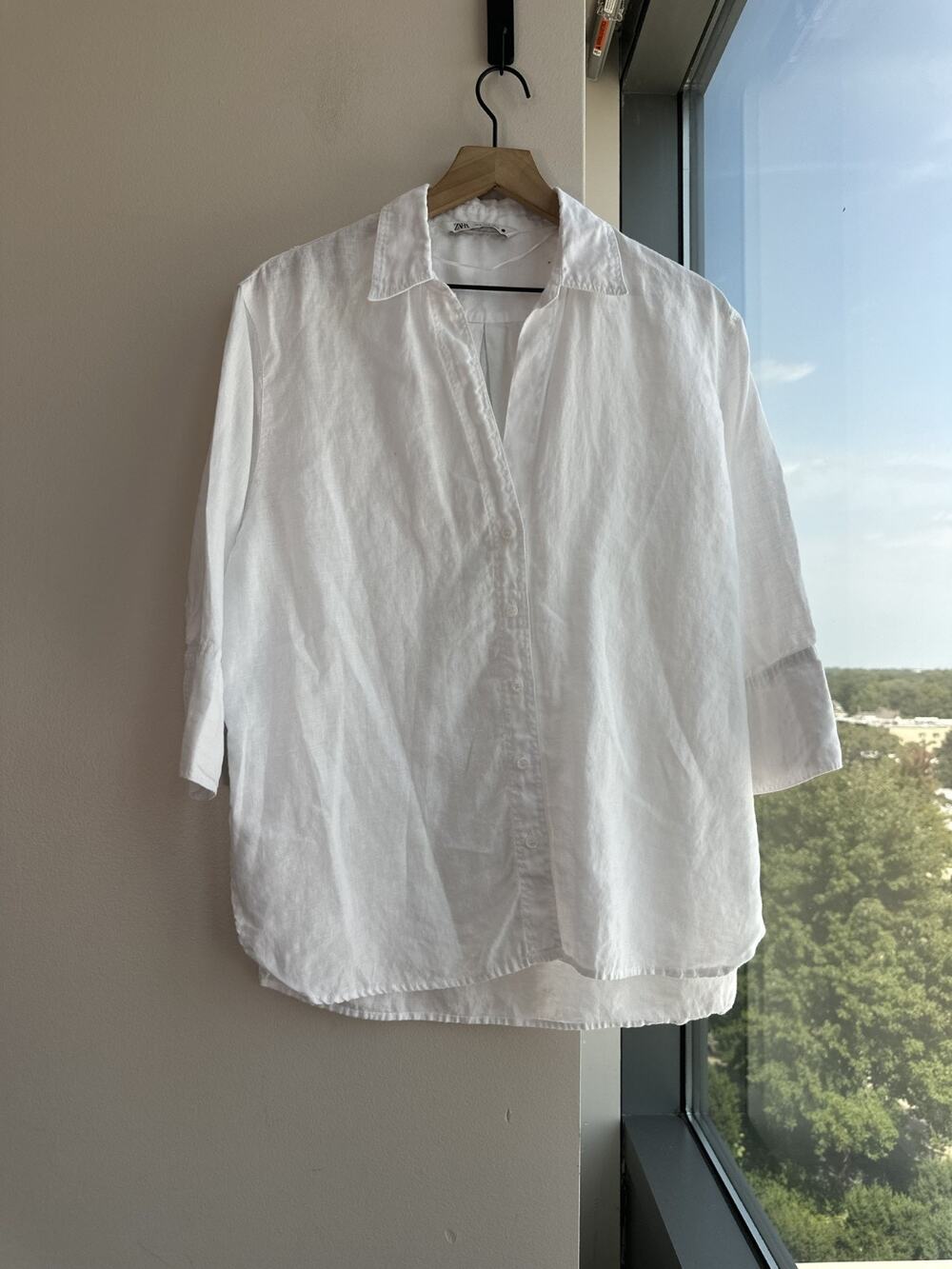 Zara 100% Linen White Button Down Relaxed Three Quarter Length Sleeves Sz M